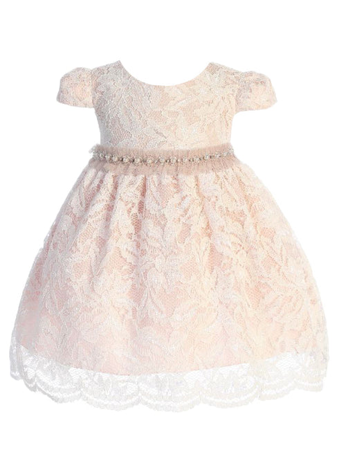 Baby Girls Ivory Blush Lace Mesh Pearl Trim Flower Girl Dress 3-24 Months - SophiasStyle.com