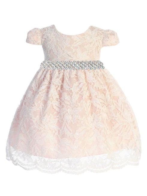 Baby Girls Ivory Blush Lace Thick Rhinestone Trim Flower Girl Dress 3-24 Months - SophiasStyle.com