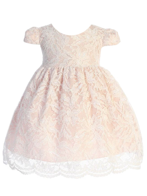 Baby Girls Ivory Blush Lace V Back Bow Flower Girl Dress 3-24 Months - SophiasStyle.com