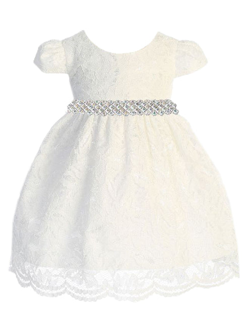 Baby Girls Ivory Lace Thick Rhinestone Trim Flower Girl Dress 3-24 Months - SophiasStyle.com