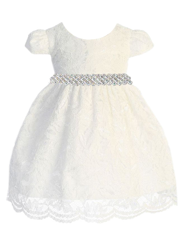 Baby Girls Ivory Lace Thick Rhinestone Trim Flower Girl Dress 3-24 Months - SophiasStyle.com