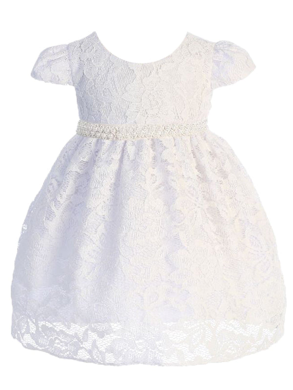 Kids Dream Baby Girls White Lace Thick Pearl Trim Flower Girl Dress 3-24 Months - SophiasStyle.com
