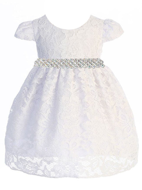 Baby Girls White Lace Thick Rhinestone Trim Flower Girl Dress 3-24 Months - SophiasStyle.com