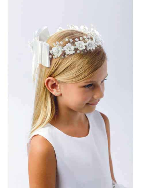 Girls White Flower Pearl Rhinestone Center Adorned Special Occasion Crown - SophiasStyle.com