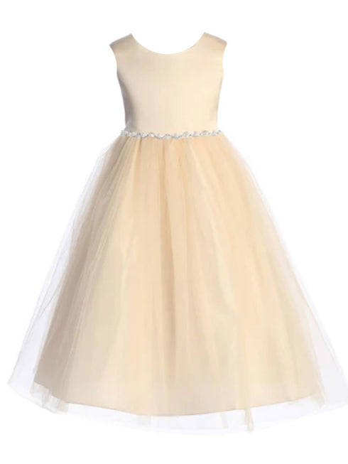 Kids Dream Big Girls Blush Satin Top Wavy Rhinestone Pearl Trim Dress 8-14 - SophiasStyle.com