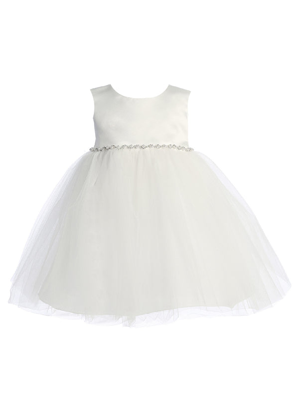 Kids Dream Baby Girls White Satin Top Rhinestone Pearl Flower Girl Dress 6-24M - SophiasStyle.com