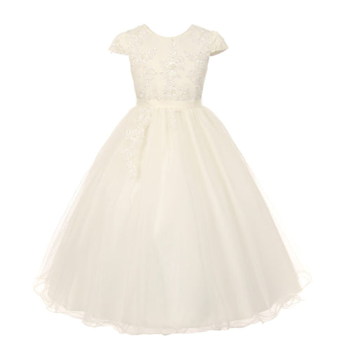 Rainkids Big Girls Ivory Pearl Sequin Tulle Communion Flower Girl Dress 7-16 - SophiasStyle.com