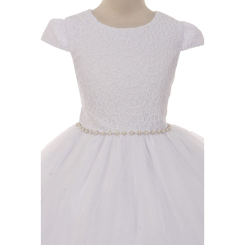 Rain Kids Big Girls White Satin Tulle Rhinestone Trim Communion Dress 7-20 - SophiasStyle.com