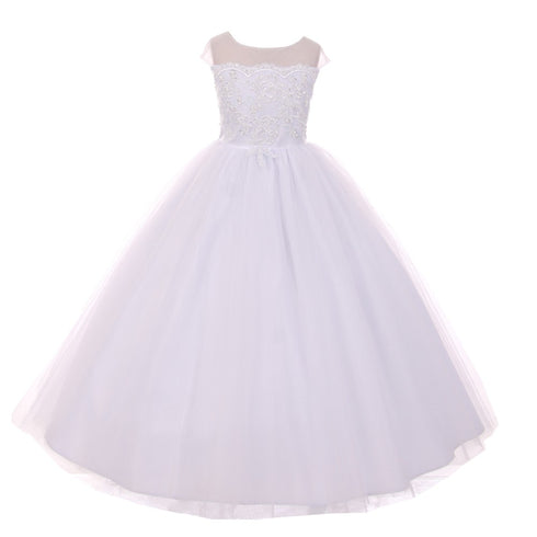 Rain Kids Big Girls White Sheer Organza Satin Sequin Pearl Communion Dress 7-18 - SophiasStyle.com