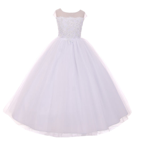 Rain Kids Big Girls White Sheer Organza Satin Sequin Pearl Communion Dress 7-18 - SophiasStyle.com
