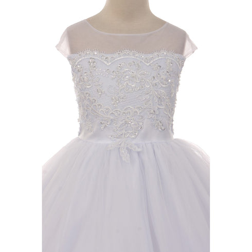 Rain Kids Big Girls White Sheer Organza Satin Sequin Pearl Communion Dress 7-18 - SophiasStyle.com