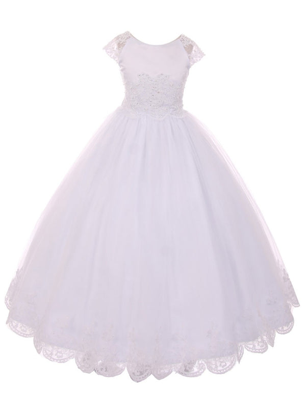 Rain Kids Big Girls White Satin Lace Junior Bridesmaid Communion Dress 7-20 - SophiasStyle.com