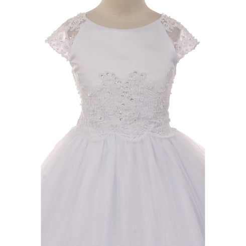 Rain Kids Big Girls White Satin Lace Junior Bridesmaid Communion Dress 7-20 - SophiasStyle.com