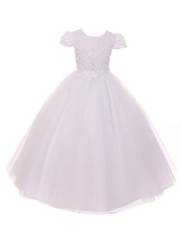 Rain Kids Big Girls White Pearl Sequin Accent Satin Tulle Communion Dress 7-18 - SophiasStyle.com
