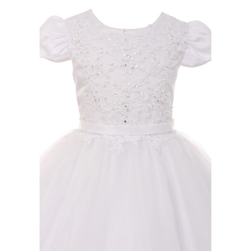 Rain Kids Big Girls White Pearl Sequin Accent Satin Tulle Communion Dress 7-18 - SophiasStyle.com