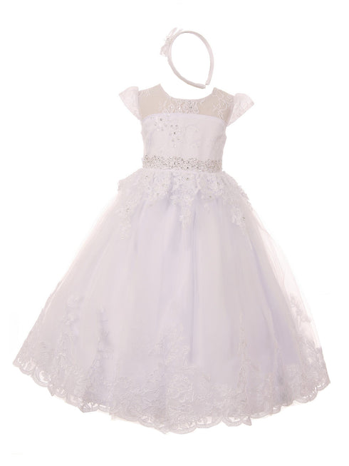 Rain Kids Baby Girls White Beaded Lace Illusion Neckline Baptism Dress 0-12M - SophiasStyle.com