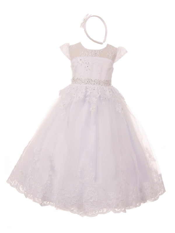 Rain Kids Little Girls White Beaded Lace Illusion Neckline Baptism Dress 2-6 - SophiasStyle.com