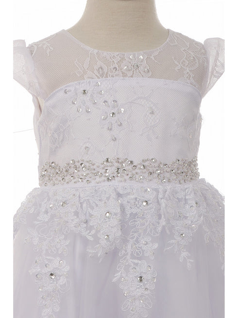 Rain Kids Little Girls White Beaded Lace Illusion Neckline Baptism Dress 2-6 - SophiasStyle.com