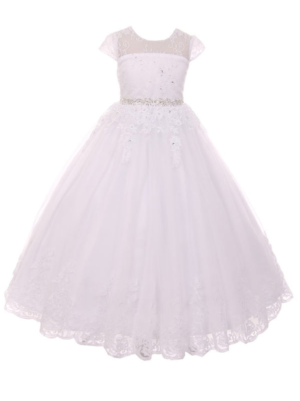 Rain Kids Big Girls White Illusion Beaded Lace Tulle Communion Dress 7-20 - SophiasStyle.com
