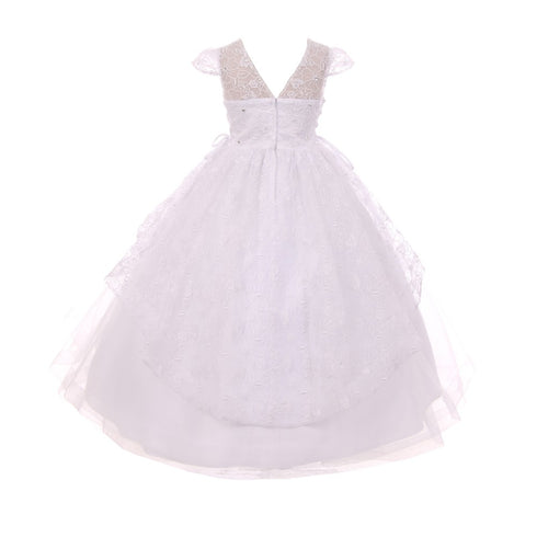 Rain Kids Big Girls White Floral Pattern Lace Peplum Tulle Communion Dress 7-16 - SophiasStyle.com