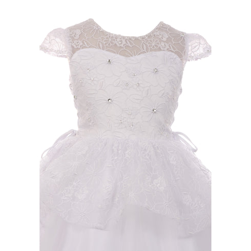Rain Kids Big Girls White Floral Pattern Lace Peplum Tulle Communion Dress 7-16 - SophiasStyle.com