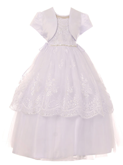 Big Girls White Pearl Sequin Floral Lace Tulle Satin Bolero Communion Dress 7-20 - SophiasStyle.com