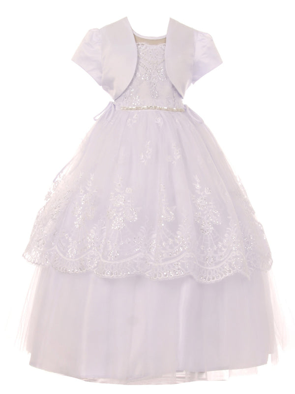 Big Girls White Pearl Sequin Floral Lace Tulle Satin Bolero Communion Dress 7-20 - SophiasStyle.com