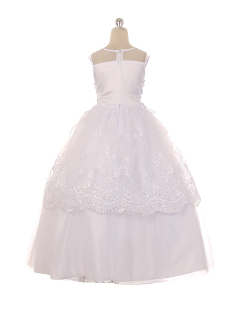 Big Girls White Pearl Sequin Floral Lace Tulle Satin Bolero Communion Dress 7-20 - SophiasStyle.com