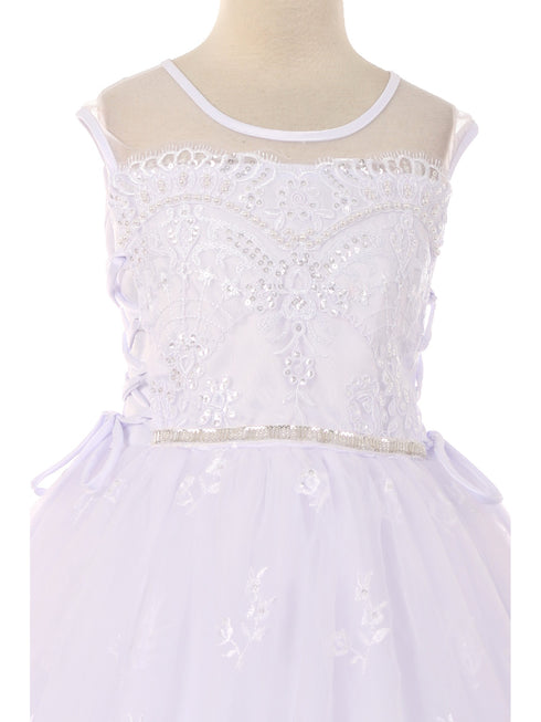 Big Girls White Pearl Sequin Floral Lace Tulle Satin Bolero Communion Dress 7-20 - SophiasStyle.com
