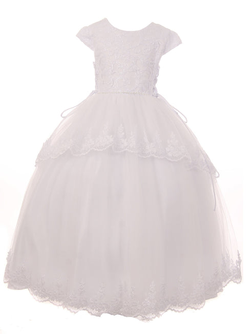 Big Girls White Sequin Beaded Cap Sleeves Satin Tulle Communion Dress 7-20 - SophiasStyle.com