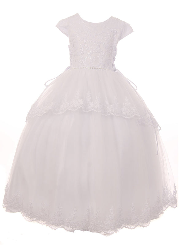 Big Girls White Sequin Beaded Cap Sleeves Satin Tulle Communion Dress 7-20 - SophiasStyle.com