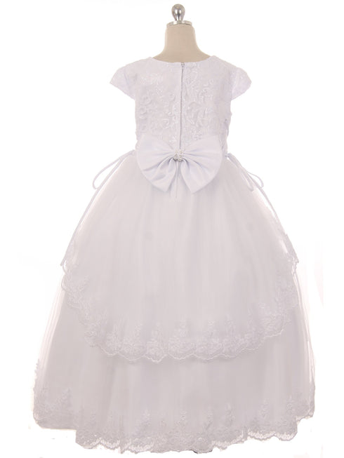 Big Girls White Sequin Beaded Cap Sleeves Satin Tulle Communion Dress 7-20 - SophiasStyle.com