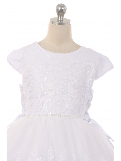 Big Girls White Sequin Beaded Cap Sleeves Satin Tulle Communion Dress 7-20 - SophiasStyle.com