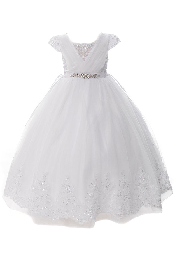 Rainkids Girls White Beaded Lace Cap Sleeve Plus Size Communion Dress 7.5-20.5 - SophiasStyle.com