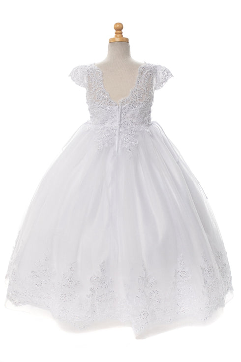 Rainkids Girls White Beaded Lace Cap Sleeve Plus Size Communion Dress 7.5-20.5 - SophiasStyle.com