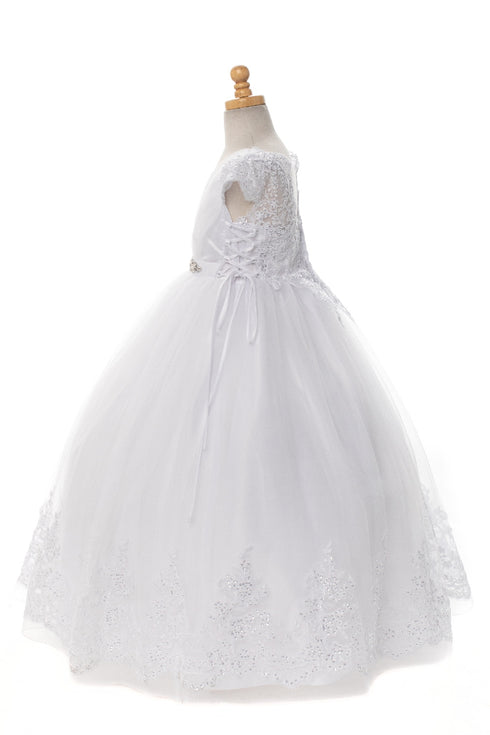 Rainkids Girls White Beaded Lace Cap Sleeve Plus Size Communion Dress 7.5-20.5 - SophiasStyle.com