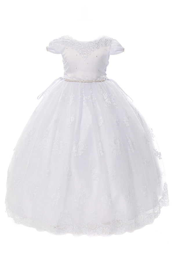 Rainkids Girls White Cap Sleeve Beaded Trim Plus Size Communion Dress 7.5-20.5 - SophiasStyle.com