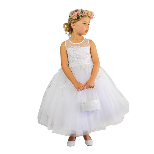 Big Girls Ivory Illusion Neckline Floral Lace Adorned Flower Girl Dress 8-12 - SophiasStyle.com