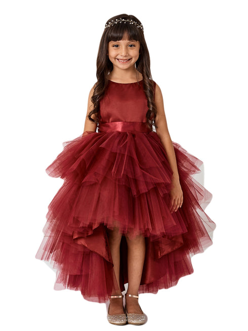 Big Girls Burgundy Sash Ruffled Tulle High-Low Junior Bridesmaid Dress 8-16 - SophiasStyle.com