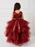 Big Girls Burgundy Sash Ruffled Tulle High-Low Junior Bridesmaid Dress 8-16 - SophiasStyle.com