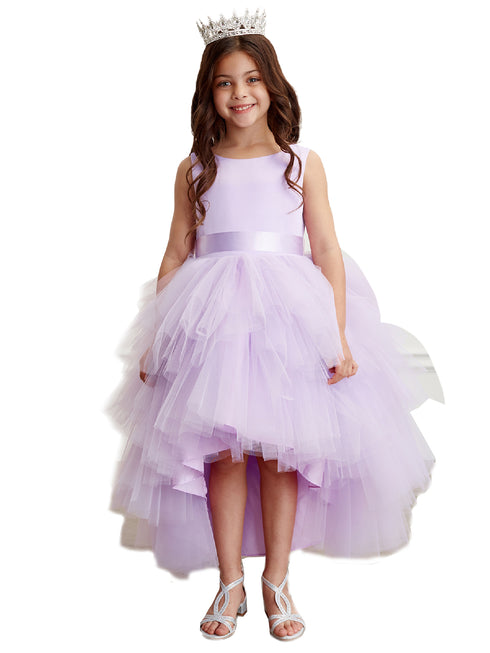 Little Girls Lilac Sash Ruffled Tulle High Low Junior Bridesmaid Dress 8-16 - SophiasStyle.com