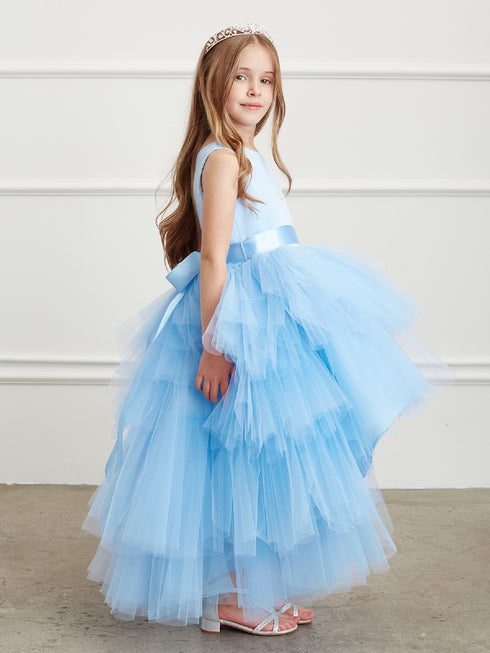 Little Girls Sky Blue Sash Ruffled Tulle High Low Flower Girl Dress 2-6 - SophiasStyle.com