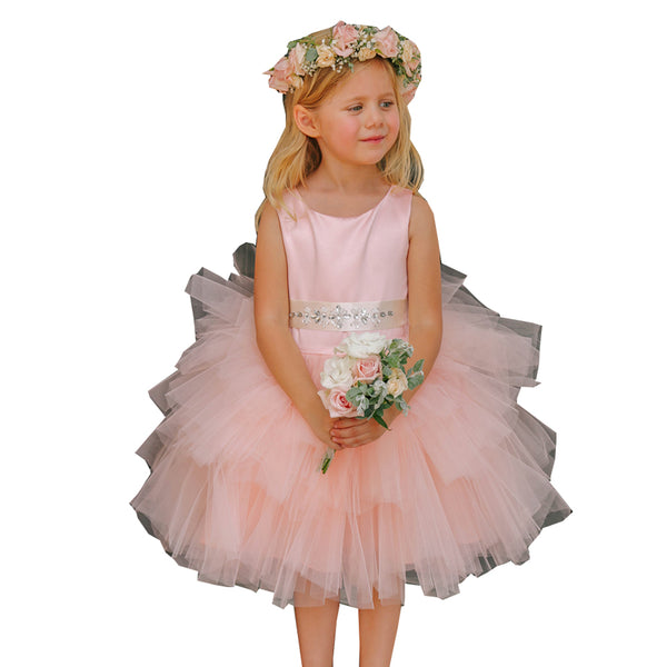 Big Girls Blush Satin Layered Tulle Removable Sash Junior Bridesmaid Dress 8-12 - SophiasStyle.com