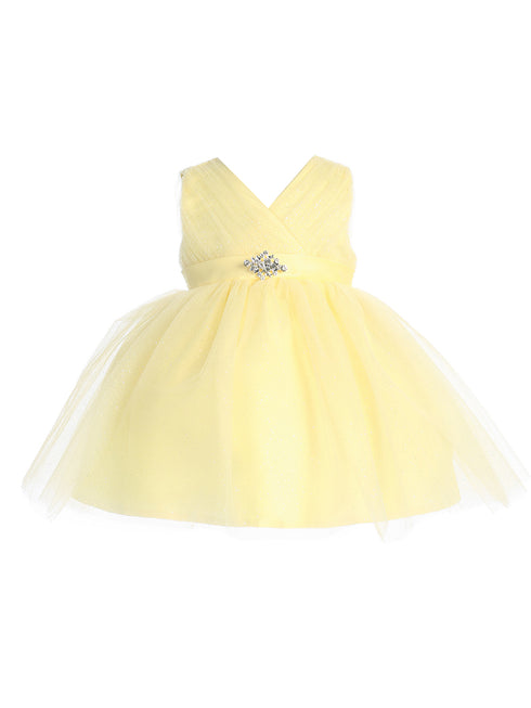 Baby Girls Yellow Satin Sash Pleated Tulle Flower Girl Dress 6-24M - SophiasStyle.com
