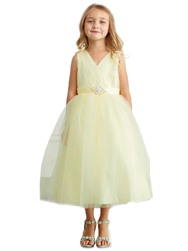 Big Girls Yellow Satin Sash Pleated Tulle Junior Bridesmaid Dress 8-16 - SophiasStyle.com