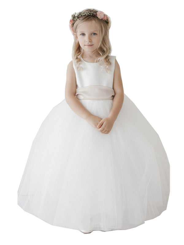 Little Girls Ivory Satin Tulle Ankle Length Elegant Flower Girl Dress 2-6 - SophiasStyle.com