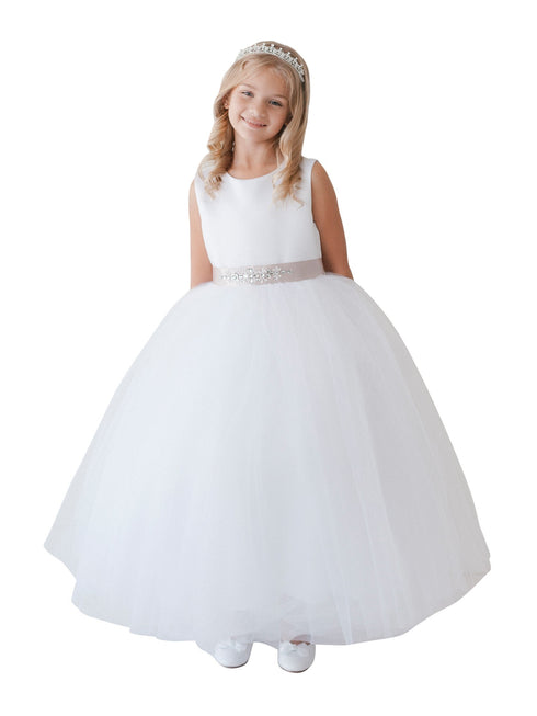 Big Girls White Satin Tulle Ankle Length Elegant Junior Bridesmaid Dress 8-12 - SophiasStyle.com