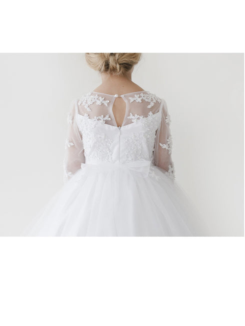 Big Girls White Long Sleeve Illusion Neck Lace Plus Size Communion Dress 6-20X - SophiasStyle.com