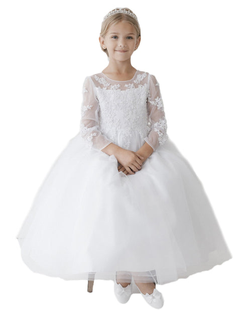 Tip Top Kids Big Girls White Floral Lace Applique Mesh Communion Dress 8-14 - SophiasStyle.com
