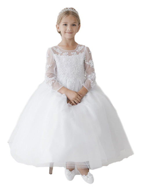 Big Girls White Long Sleeve Illusion Neck Lace Plus Size Communion Dress 6-20X - SophiasStyle.com